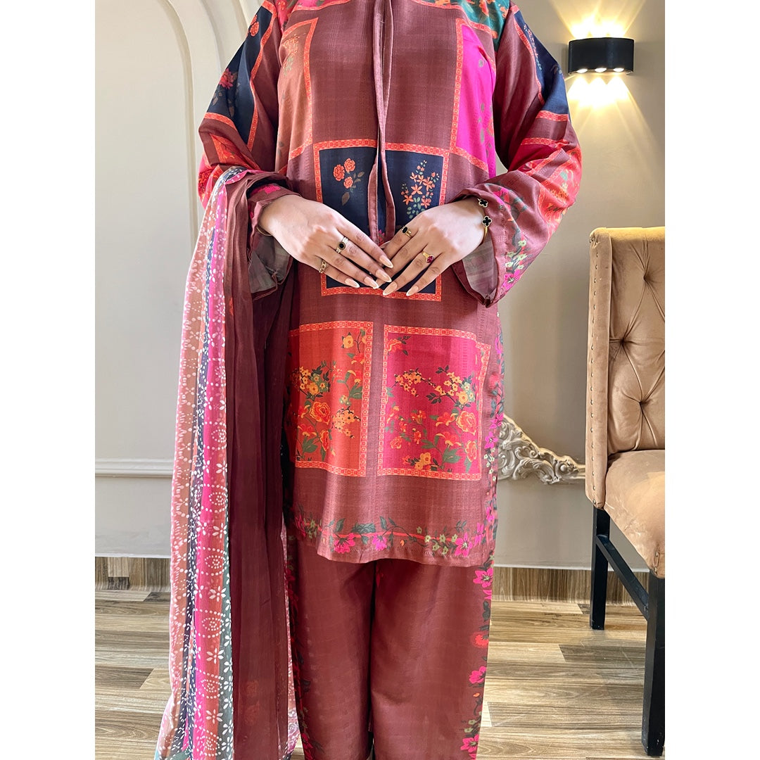 Vintage Rust Printed 3 Piece Suit with Dupatta