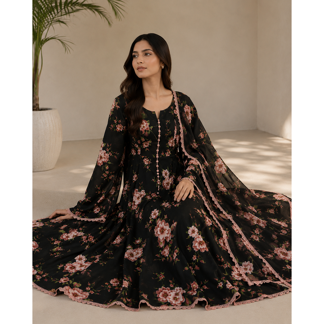 Rose Noir & Ivory Bloom Georgette Maxi Set (2 piece)