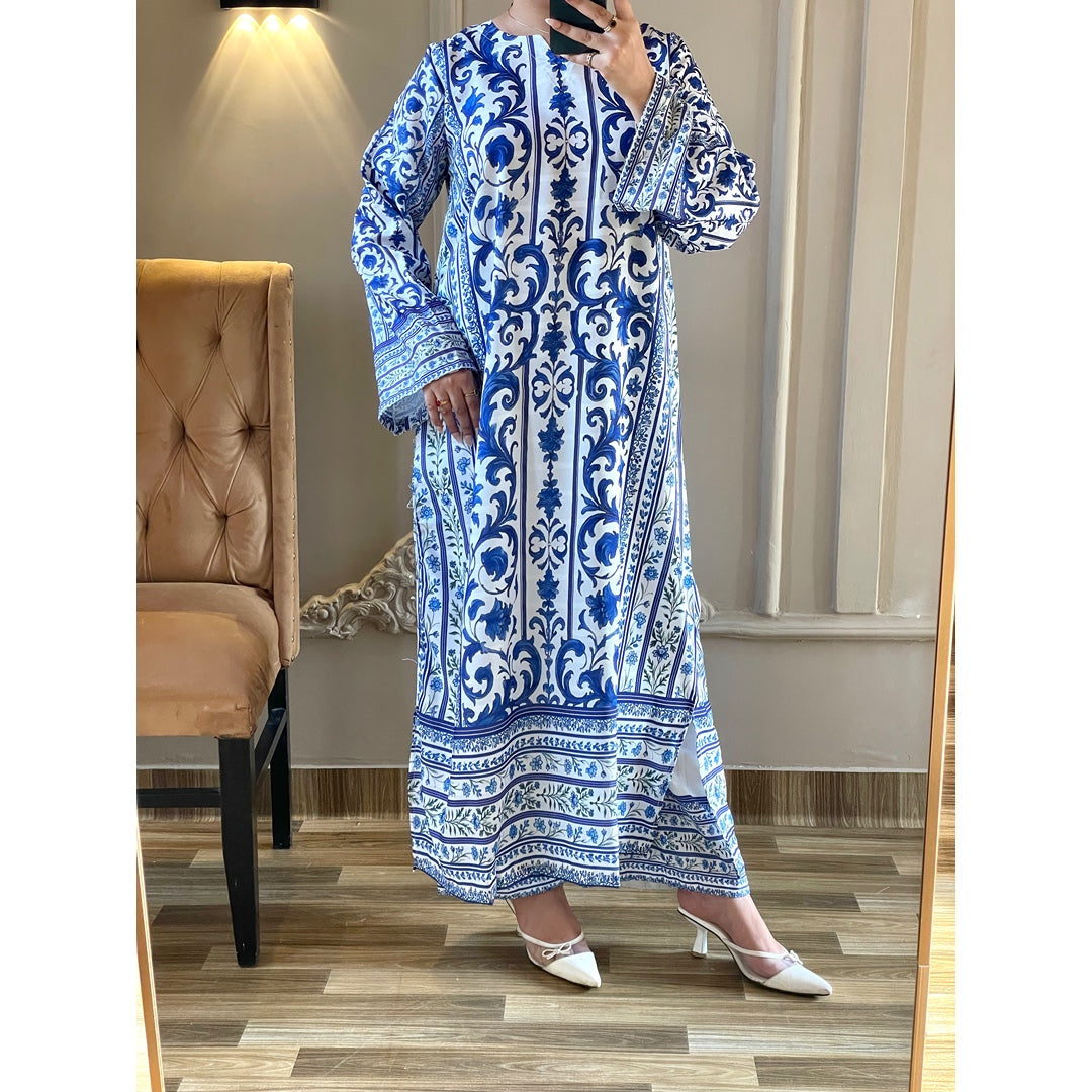 Azure Royale – Premium Printed Lawn Long Kaftan Two Piece