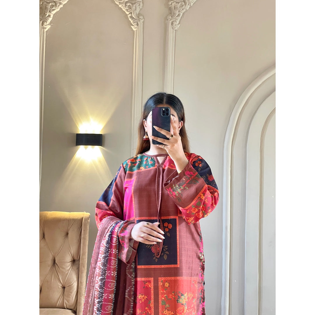 Vintage Rust Printed 3 Piece Suit with Dupatta