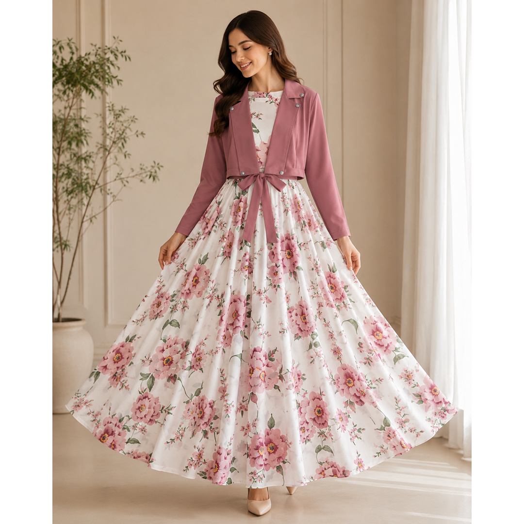 Floral Georgette Maxi Dress with Matching Crop Jacket & Belt