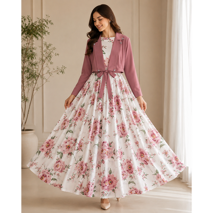 Floral Georgette Maxi Dress with Matching Crop Jacket & Belt