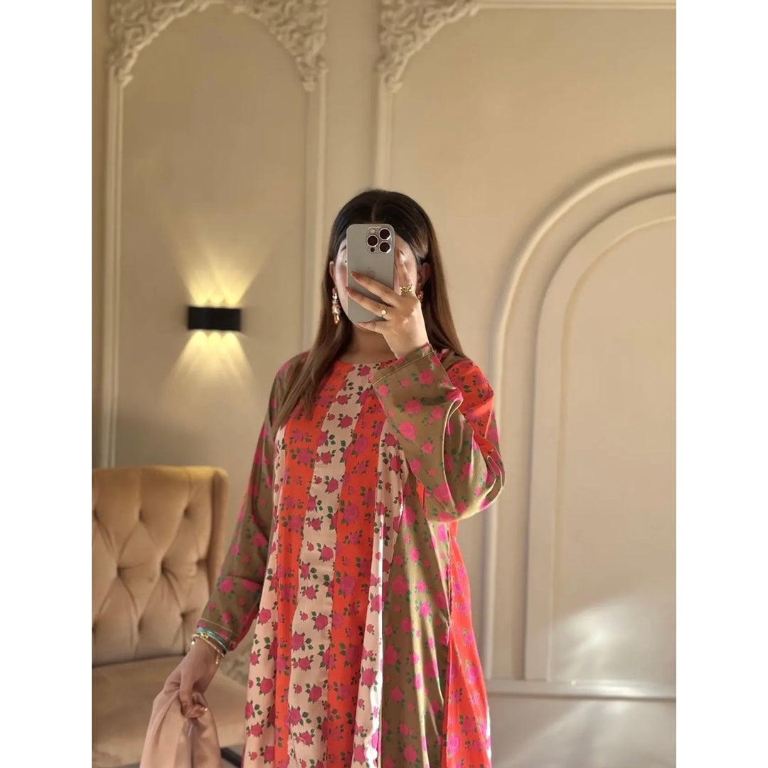 Rosewood Mirage – Premium Floral Printed Maxi Dress for Women (3 Piece)