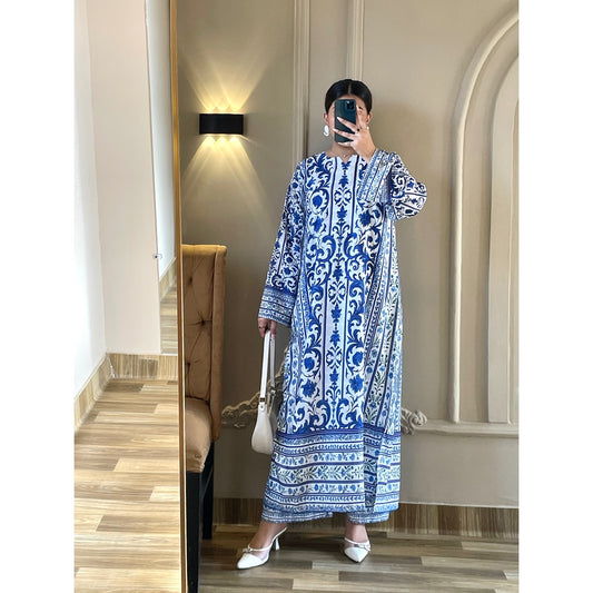 Azure Royale – Premium Printed Lawn Long Kaftan Two Piece