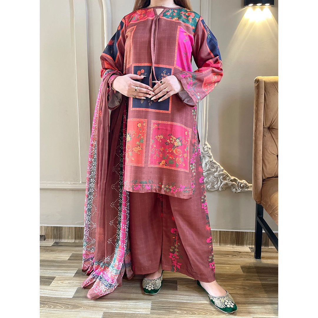 Vintage Rust Printed 3 Piece Suit with Dupatta