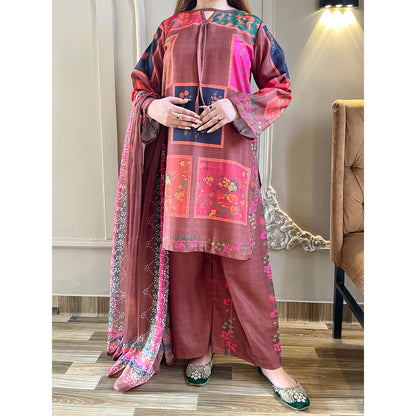 Vintage Rust Printed 3 Piece Suit with Dupatta