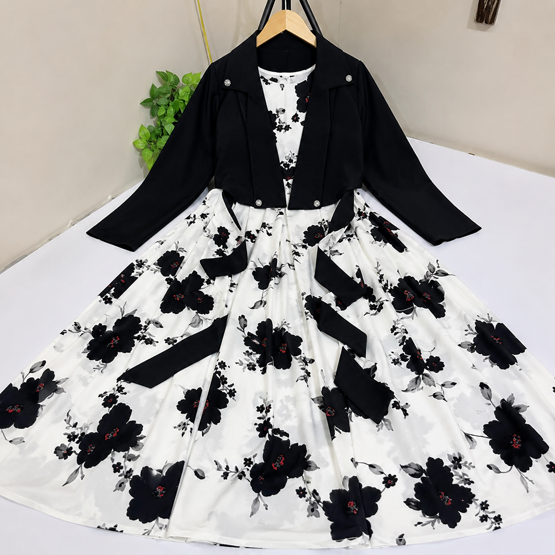 Floral Georgette Maxi Dress with Matching Crop Jacket & Belt