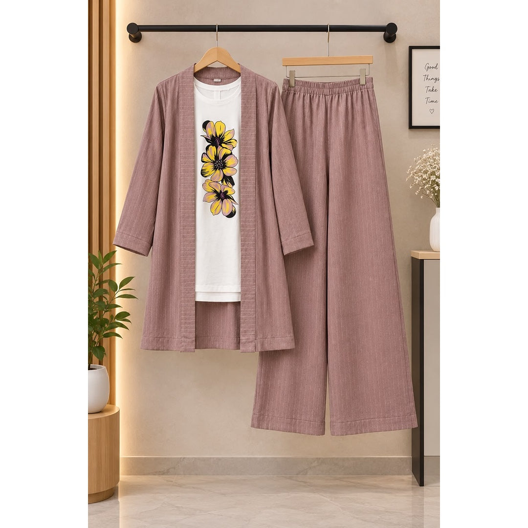 Textured 3-Piece Women’s Co-Ord Set – Floral Tee & Wide-Leg Pants