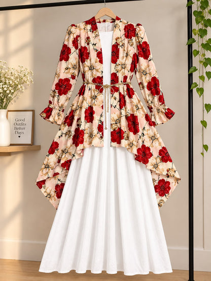 Elegant Floral Maxi Coat for Women – High-Low Design