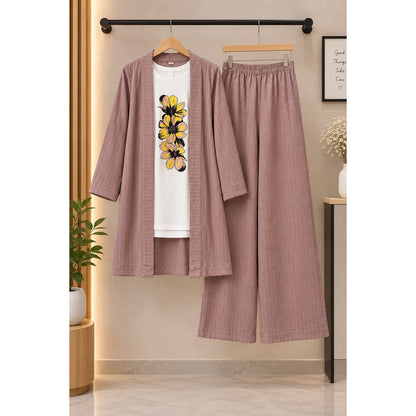 Textured 3-Piece Women’s Co-Ord Set – Floral Tee & Wide-Leg Pants