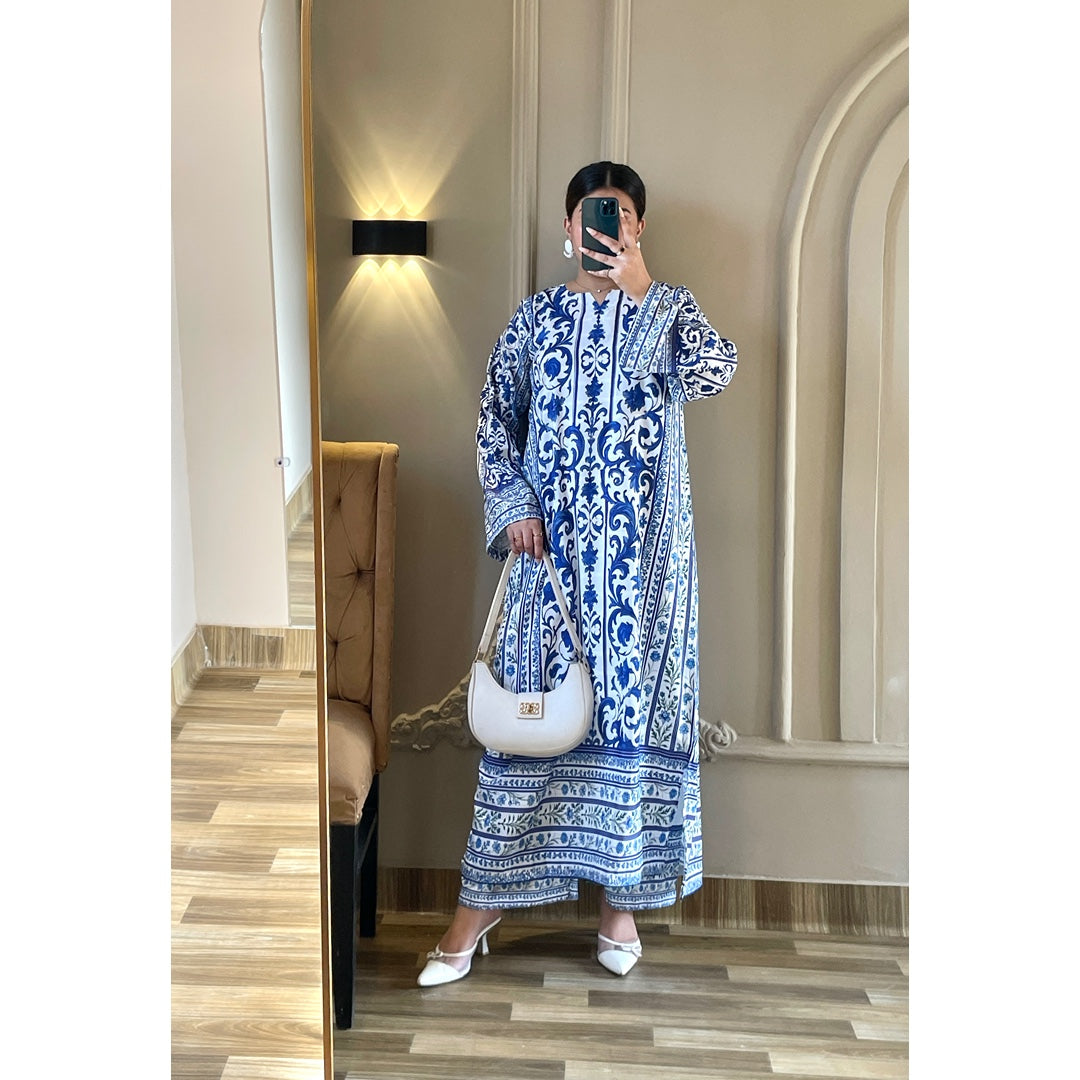 Azure Royale – Premium Printed Lawn Long Kaftan Two Piece