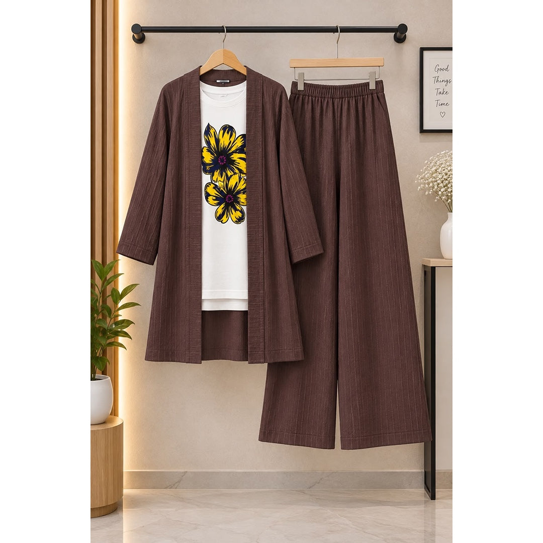 Textured 3-Piece Women’s Co-Ord Set – Floral Tee & Wide-Leg Pants