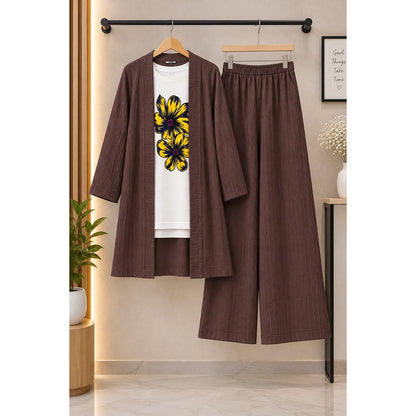 Textured 3-Piece Women’s Co-Ord Set – Floral Tee & Wide-Leg Pants