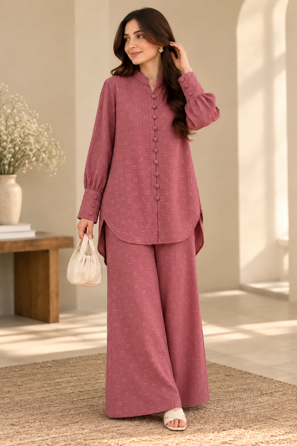 Textured Button-Front Co-Ord Set (2 Piece)