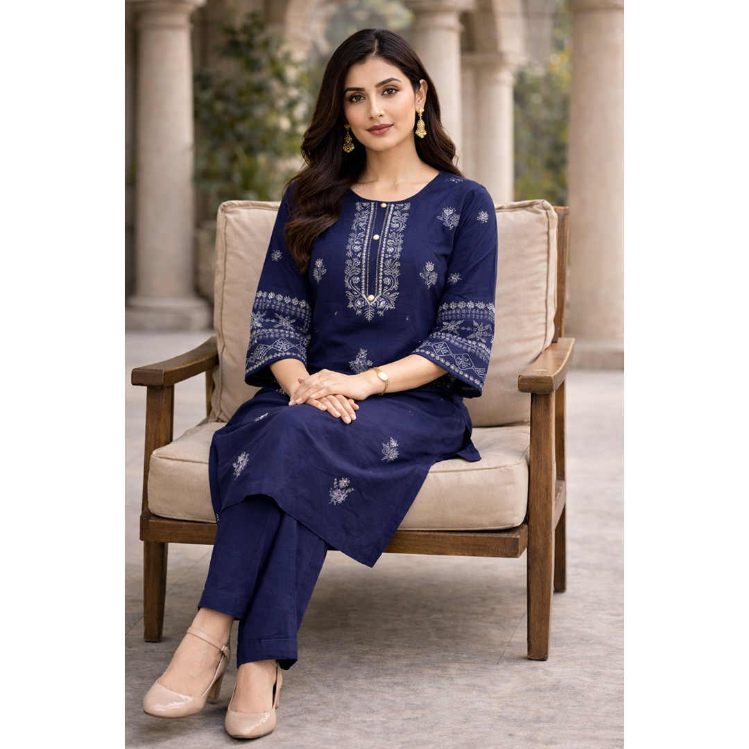 Midnight Noor – Navy Blue Embroidered 2PC Elegant Suit