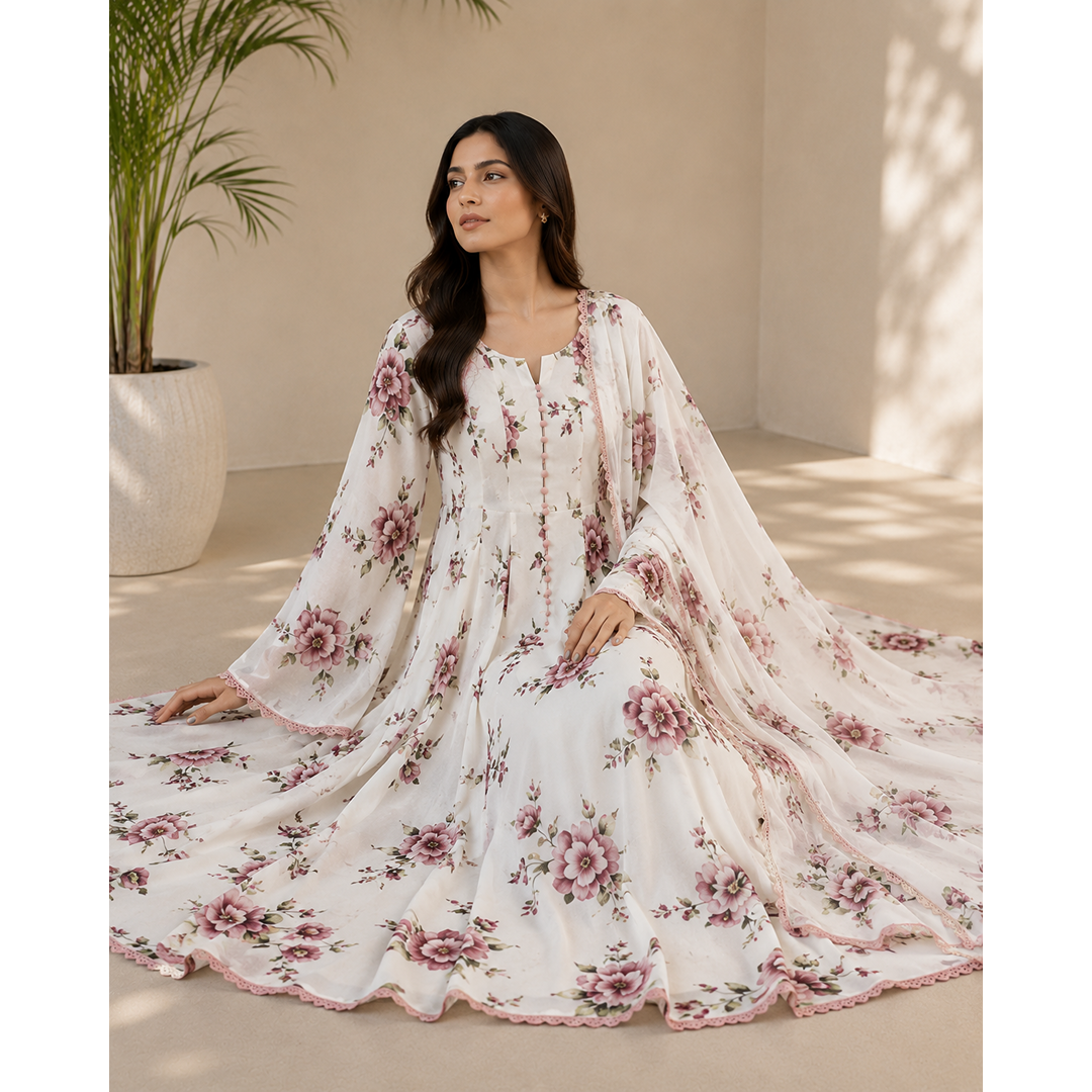 Rose Noir & Ivory Bloom Georgette Maxi Set (2 piece)