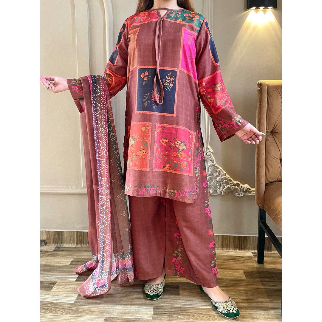 Vintage Rust Printed 3 Piece Suit with Dupatta
