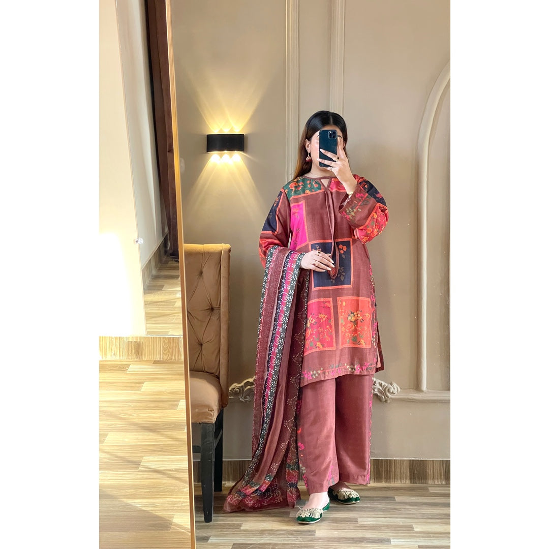 Vintage Rust Printed 3 Piece Suit with Dupatta