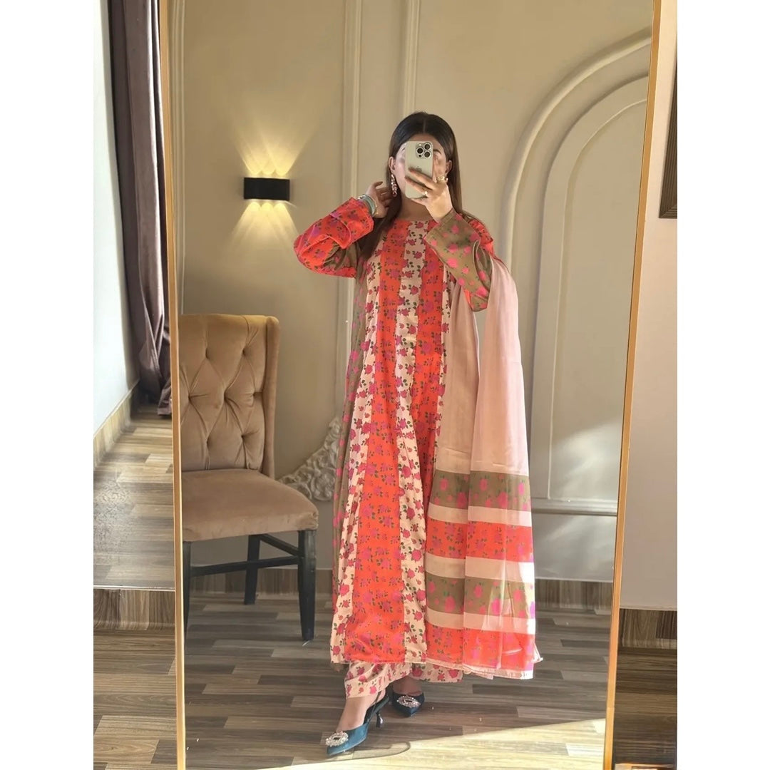 Rosewood Mirage – Premium Floral Printed Maxi Dress for Women (3 Piece)