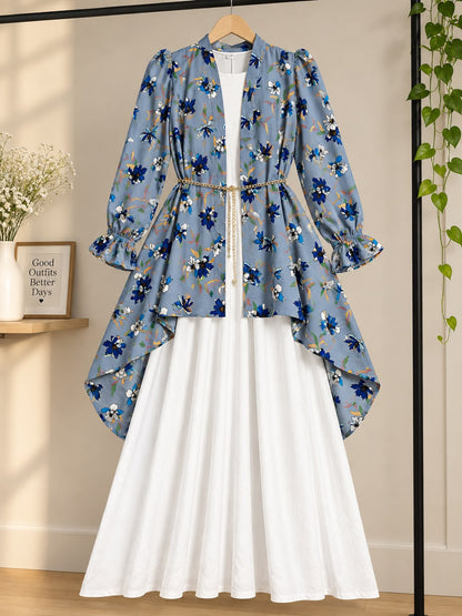 Elegant Floral Maxi Coat for Women – High-Low Design