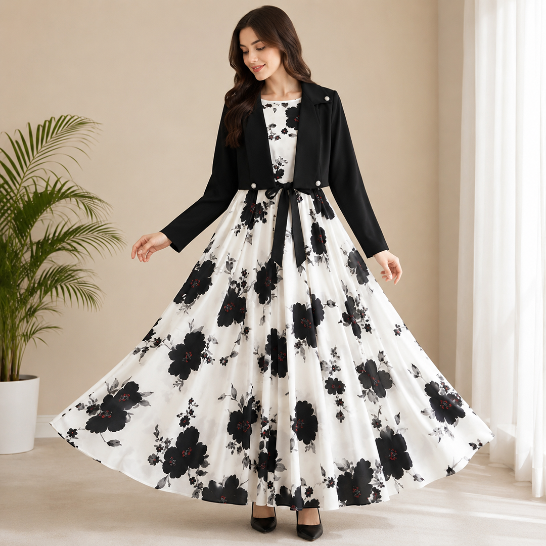 Floral Georgette Maxi Dress with Matching Crop Jacket & Belt