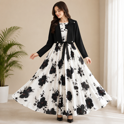 Floral Georgette Maxi Dress with Matching Crop Jacket & Belt