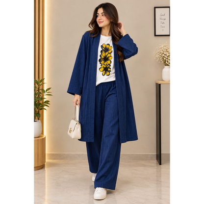 Textured 3-Piece Women’s Co-Ord Set – Floral Tee & Wide-Leg Pants