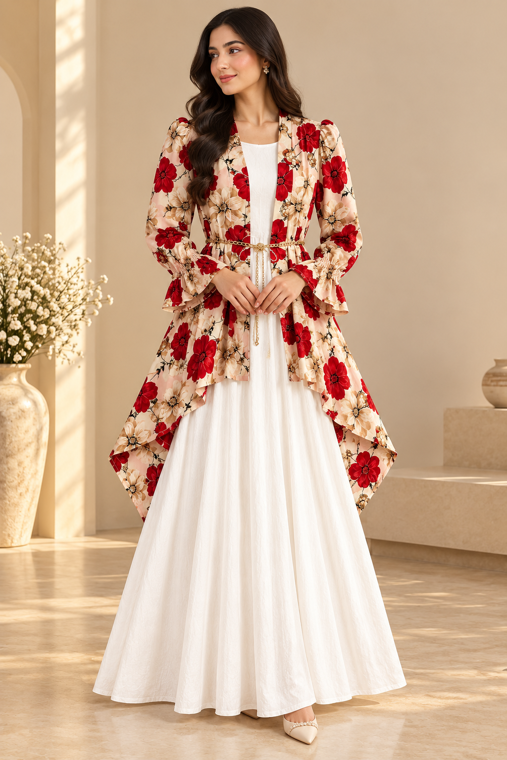 Elegant Floral Maxi Coat for Women – High-Low Design