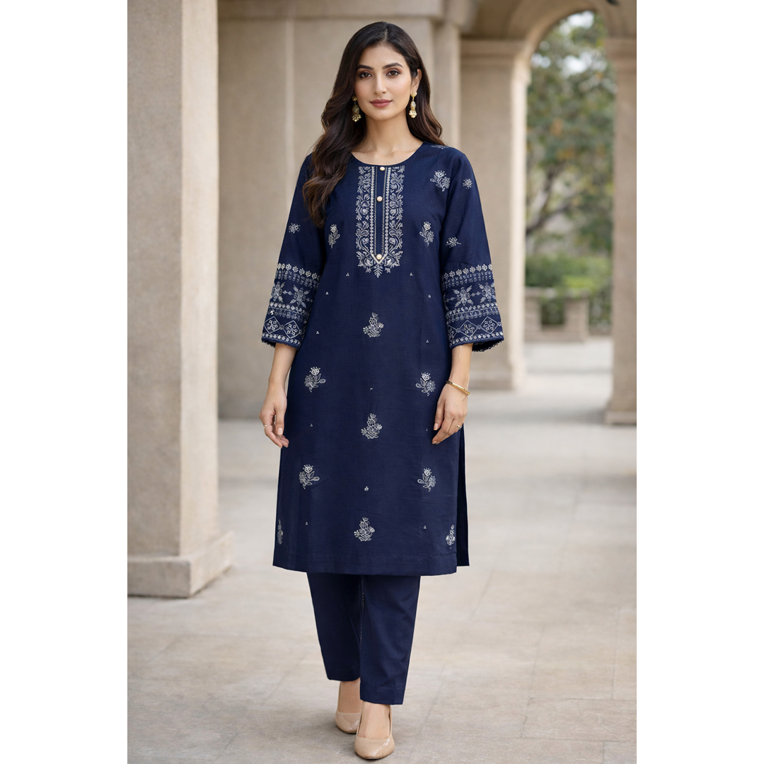 Midnight Noor – Navy Blue Embroidered 2PC Elegant Suit