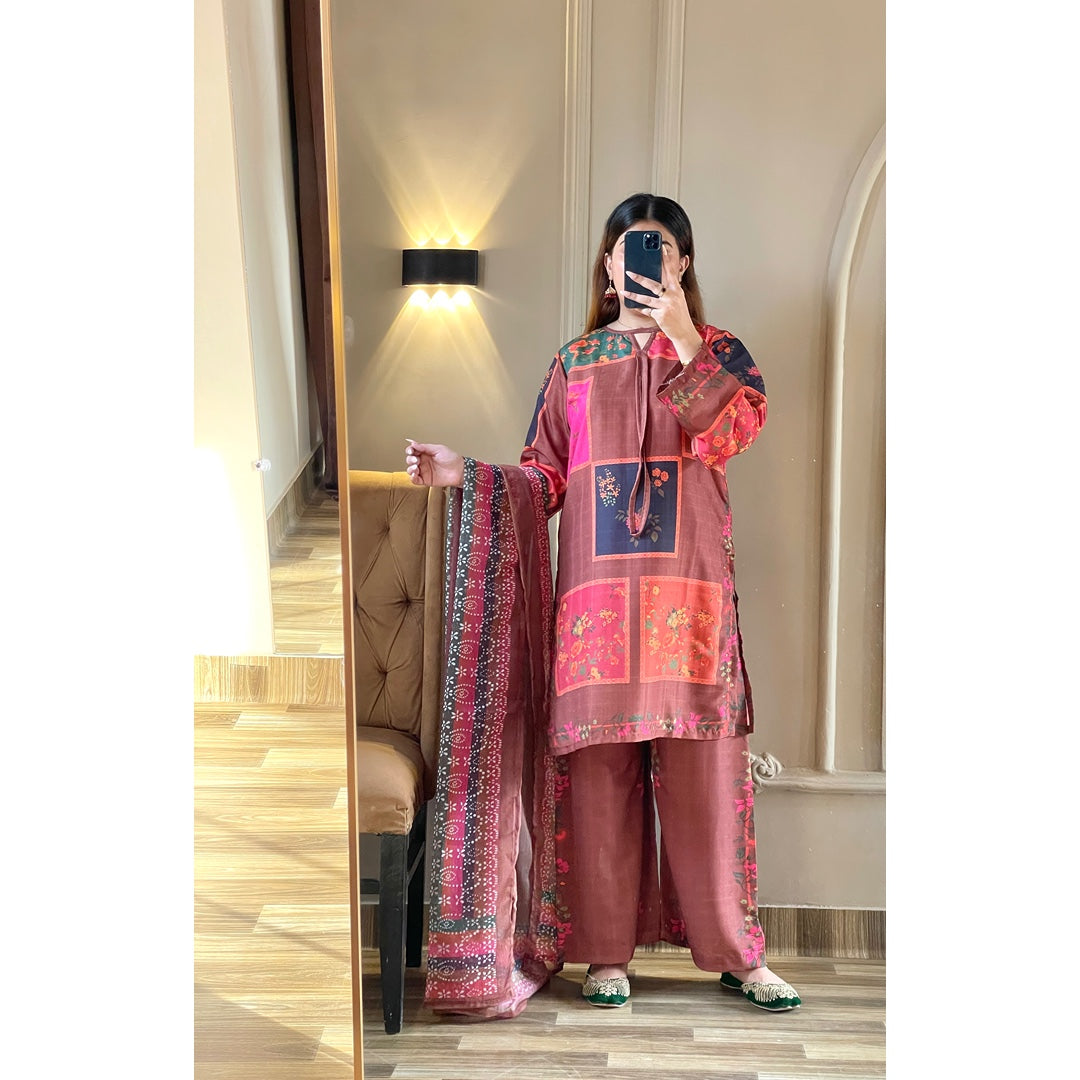 Vintage Rust Printed 3 Piece Suit with Dupatta