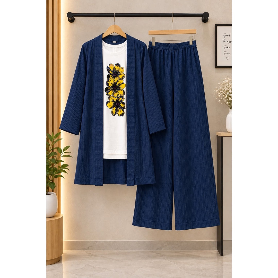 Textured 3-Piece Women’s Co-Ord Set – Floral Tee & Wide-Leg Pants