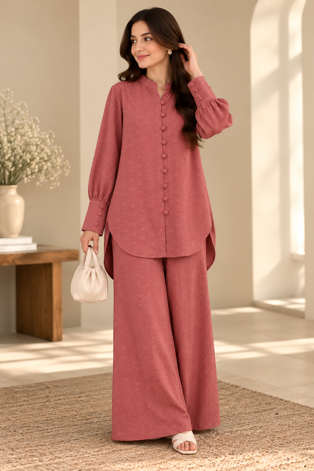Textured Button-Front Co-Ord Set (2 Piece)