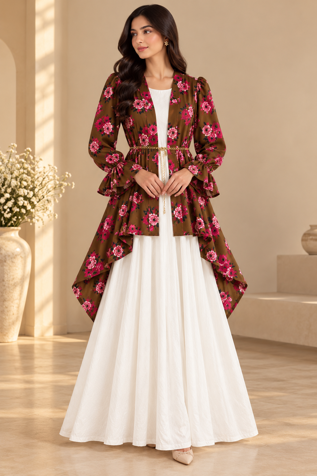 Elegant Floral Maxi Coat for Women – High-Low Design