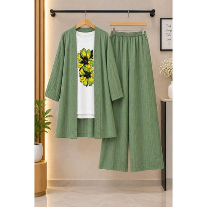 Textured 3-Piece Women’s Co-Ord Set – Floral Tee & Wide-Leg Pants