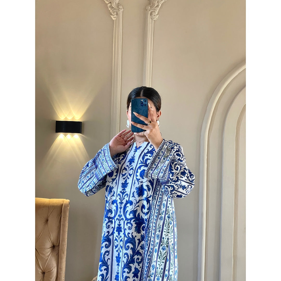 Azure Royale – Premium Printed Lawn Long Kaftan Two Piece