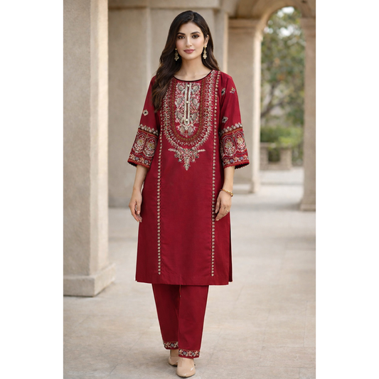 Shehnai Crimson Luxe – Heavy Gold Embroidered 2PC Festive Suit