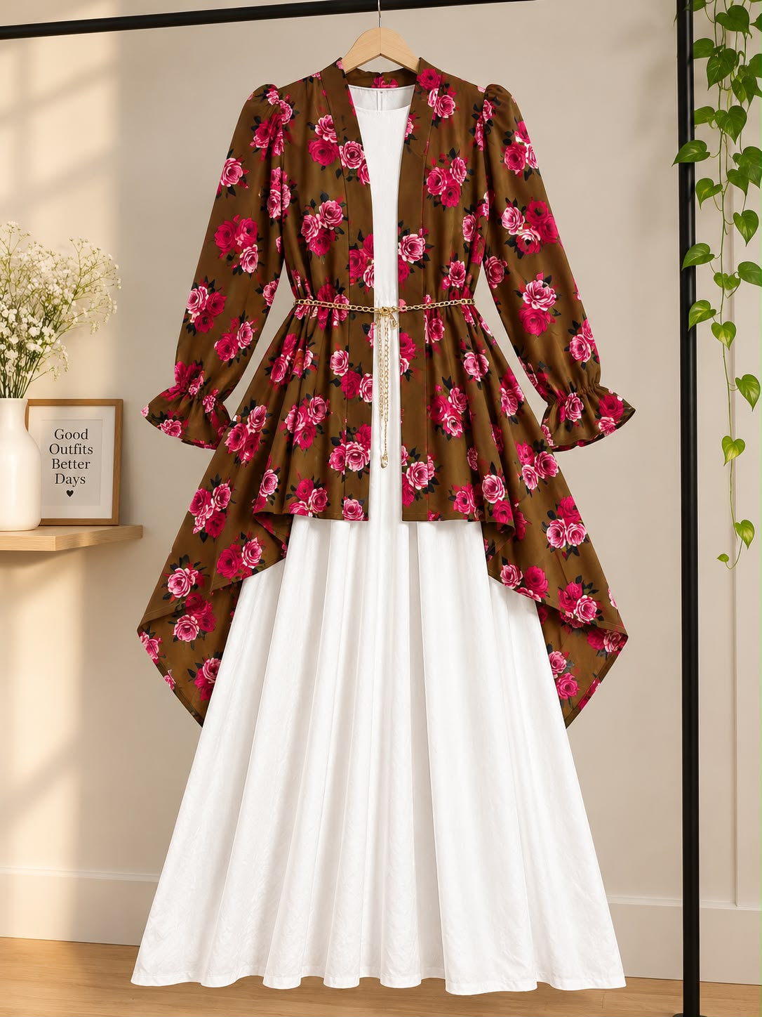 Elegant Floral Maxi Coat for Women – High-Low Design