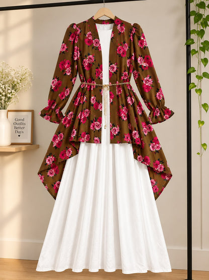 Elegant Floral Maxi Coat for Women – High-Low Design