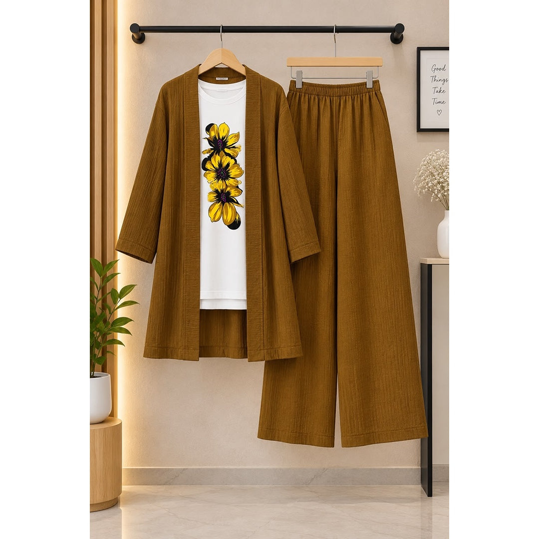Textured 3-Piece Women’s Co-Ord Set – Floral Tee & Wide-Leg Pants