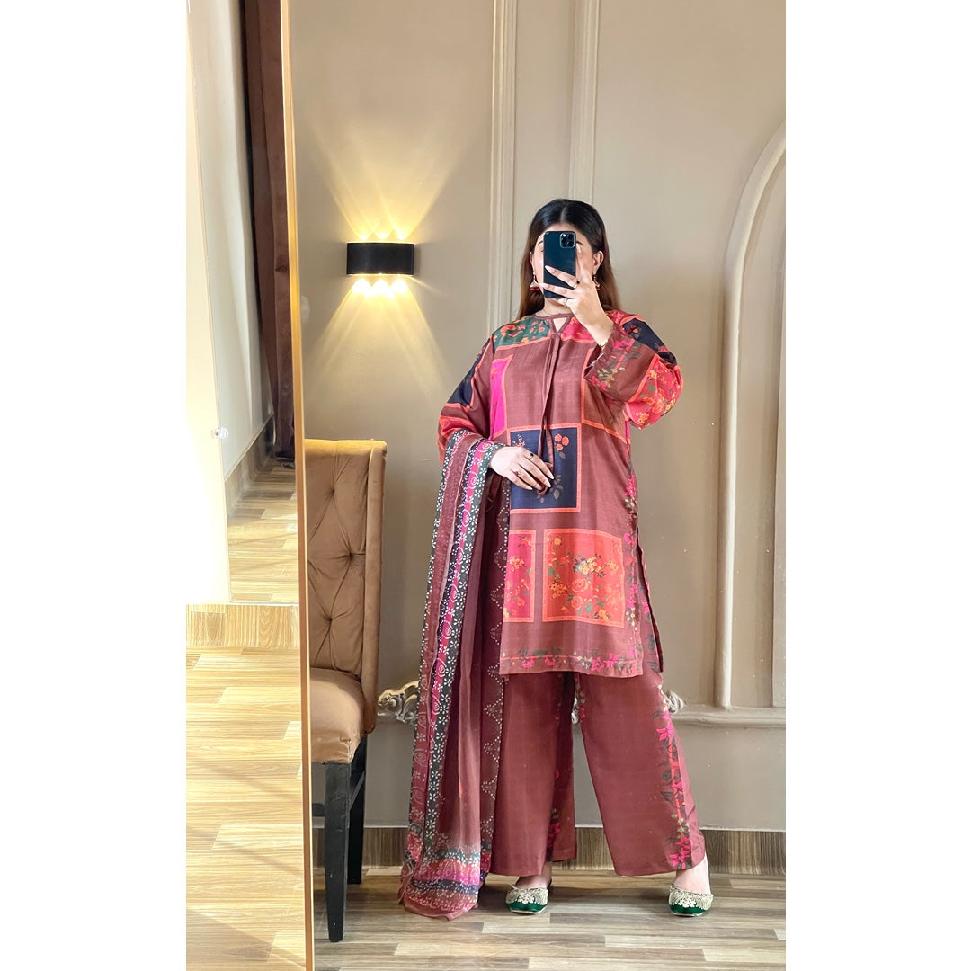 Vintage Rust Printed 3 Piece Suit with Dupatta