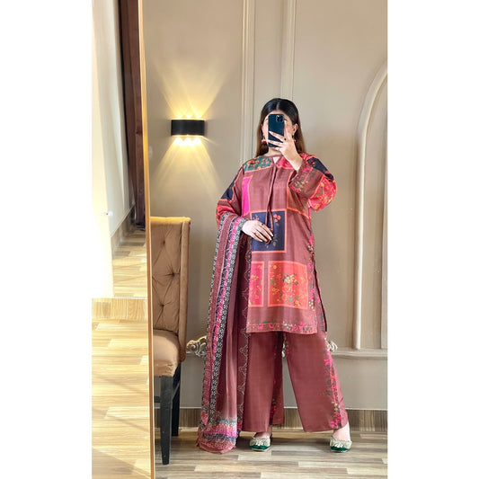 Vintage Rust Printed 3 Piece Suit with Dupatta