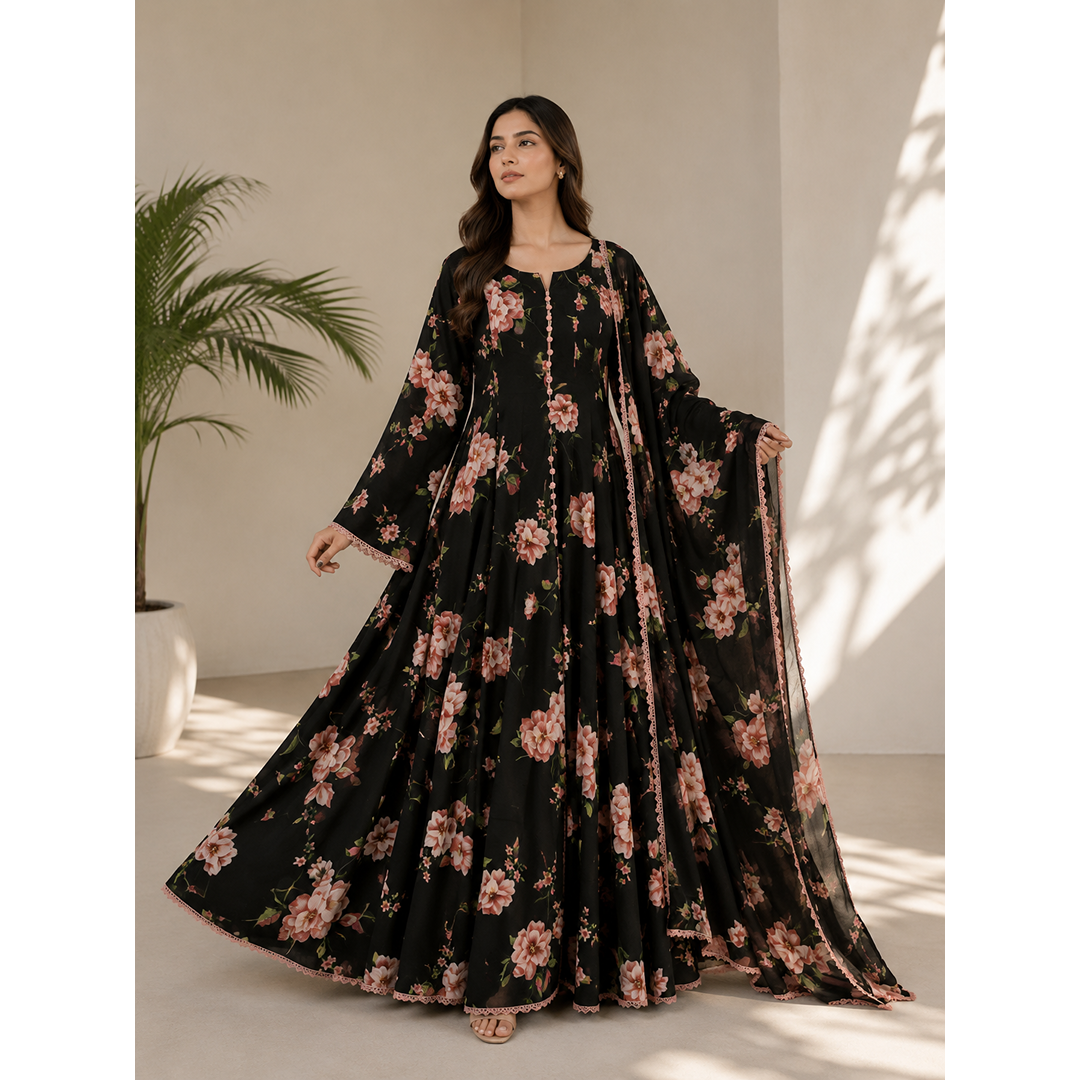 Rose Noir & Ivory Bloom Georgette Maxi Set (2 piece)