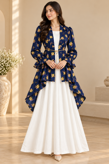 Elegant Floral Maxi Coat for Women – High-Low Design