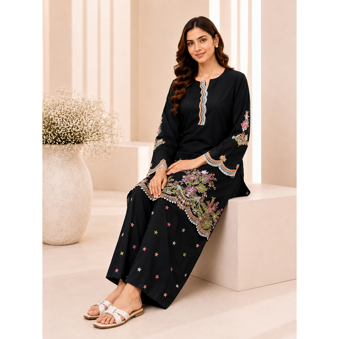 Premium Embroidered Black Farshi Shalwar Co-Ord Set (2 Piece)