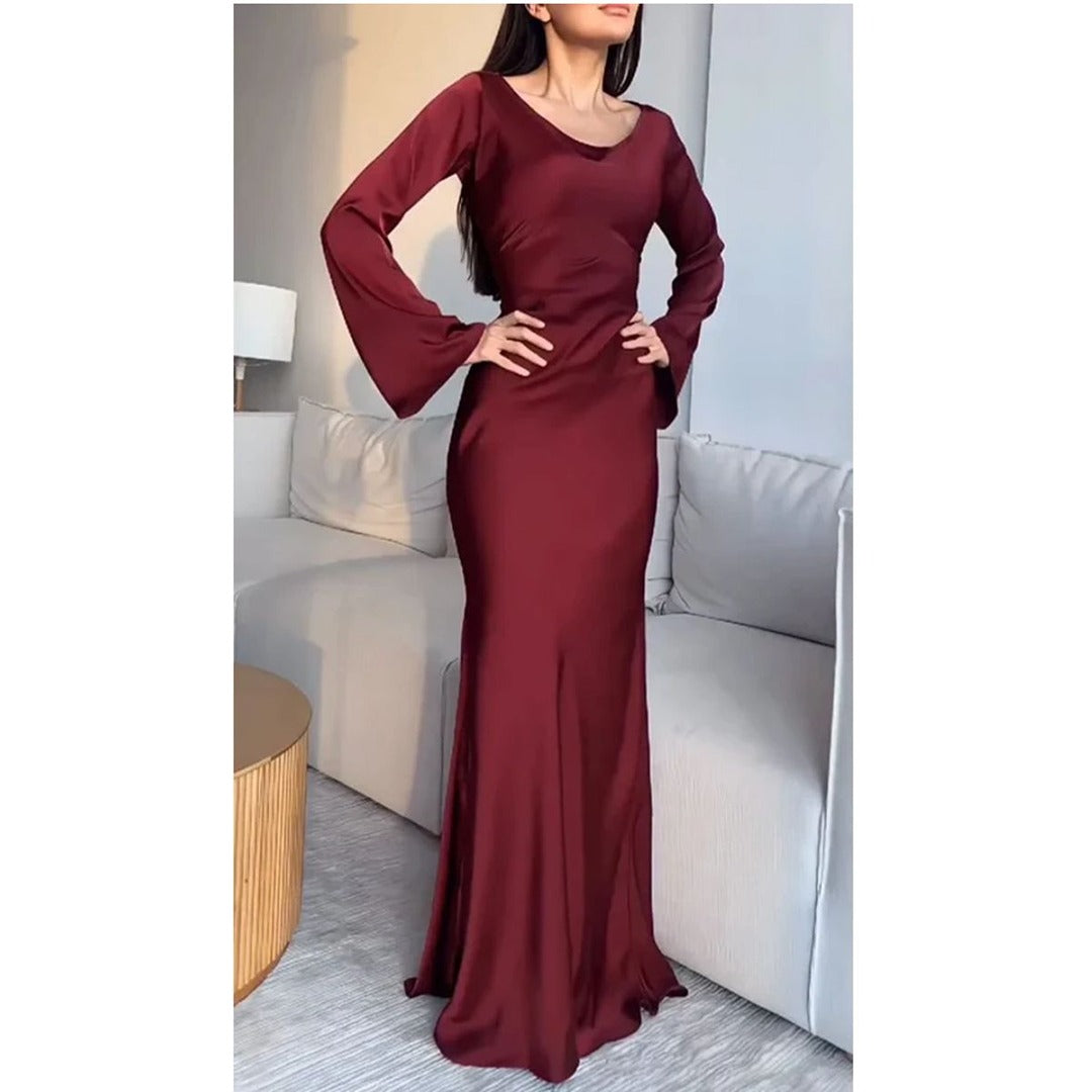 Elegant Maroon Long Maxi Dress with Flared Sleeves