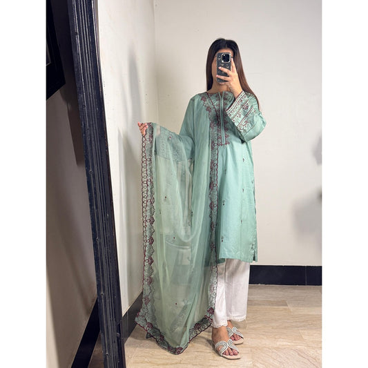 Elara Sage – 3 Piece Embroidered Suit