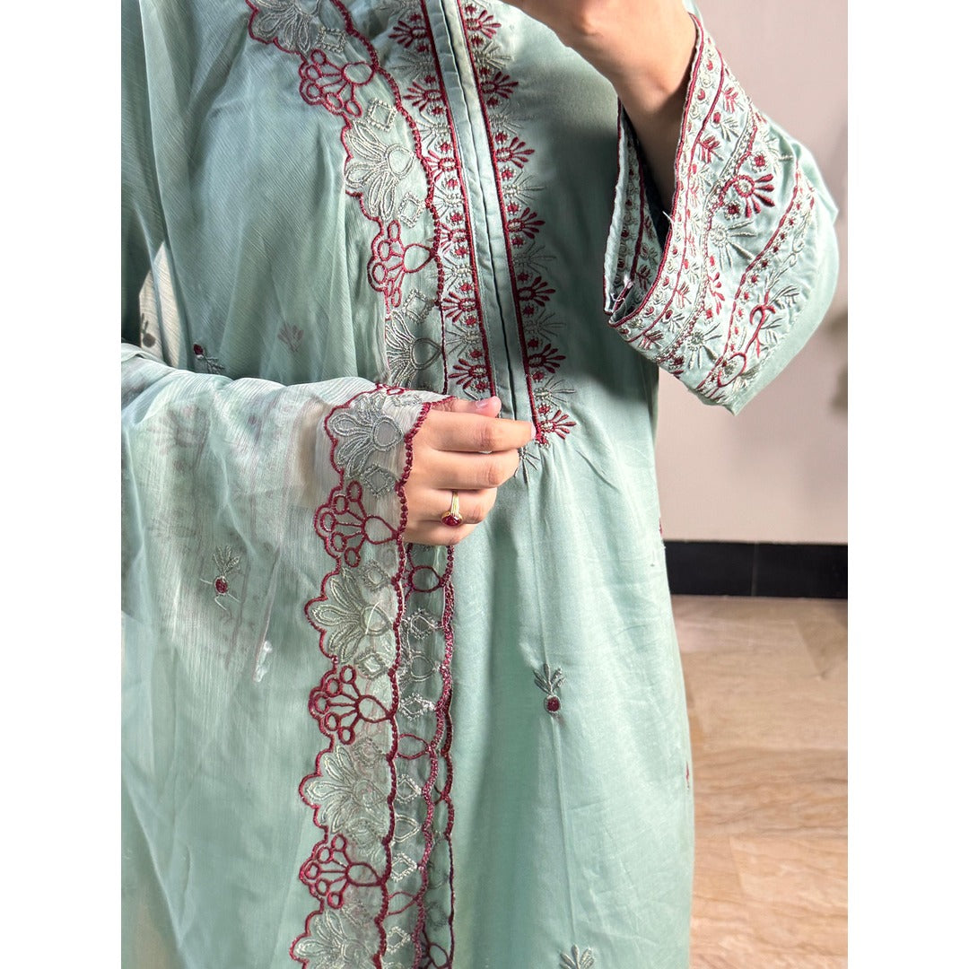 Elara Sage – 3 Piece Embroidered Suit