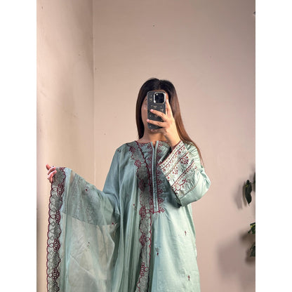 Elara Sage – 3 Piece Embroidered Suit