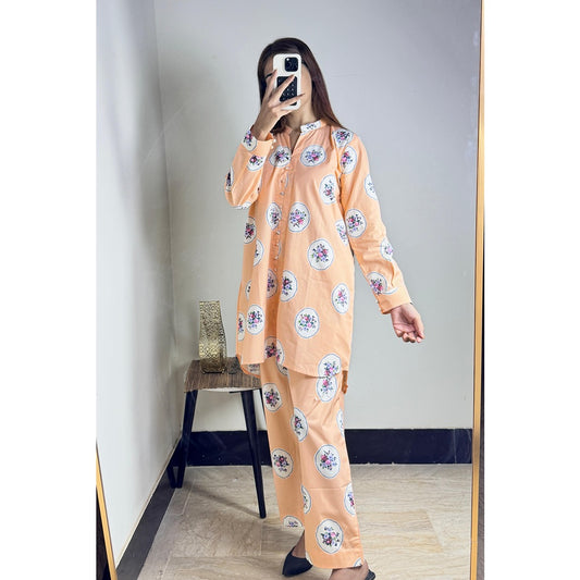 Peach Floral Stylish Printed 2-Piece Women’s Co-Ord Set (Shirt & Trouser)
