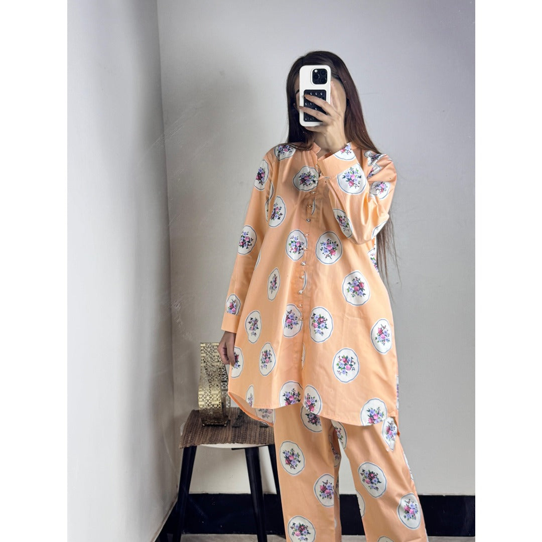 Peach Floral Stylish Printed 2-Piece Women’s Co-Ord Set (Shirt & Trouser)